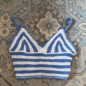 Hollister Blue and White Crocheted Striped Crop Top